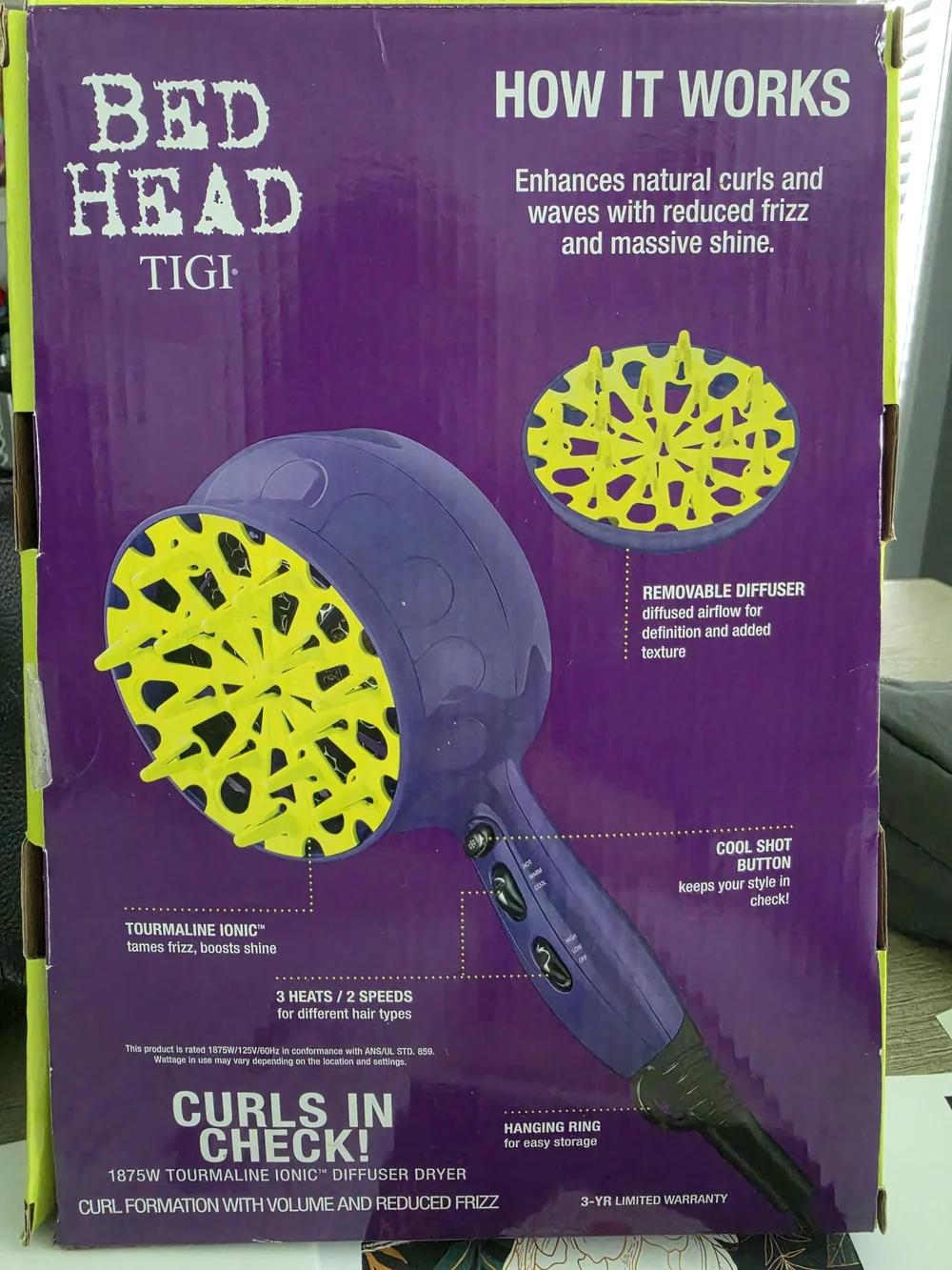 BedHead Purple Hair Dryer with Bright Yellow Diffuser